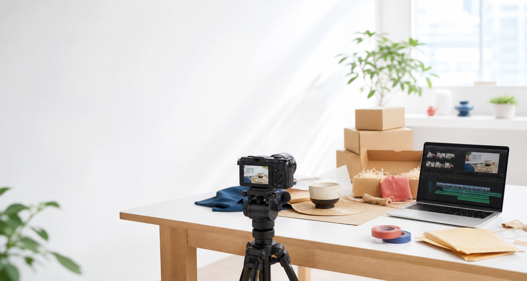 動画撮影用カメラ、編集用パソコン、ネットショップの商品と梱包資材が並ぶ明るいスタジオ
